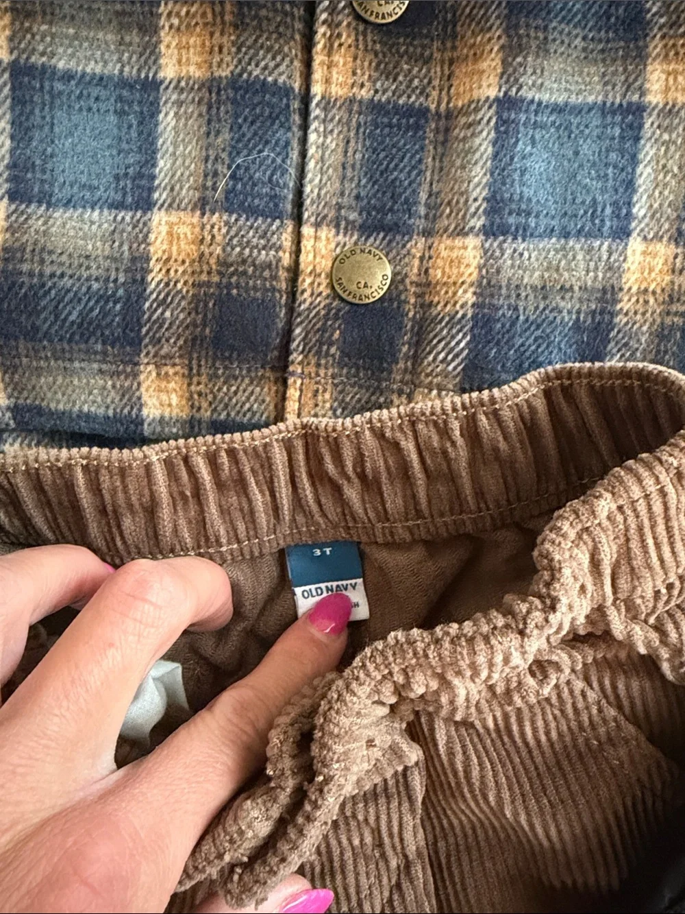 Kids Navy & Tan Plaid Shacket, Beige Chino Pants, Corduroy Cargos and Black Vest
